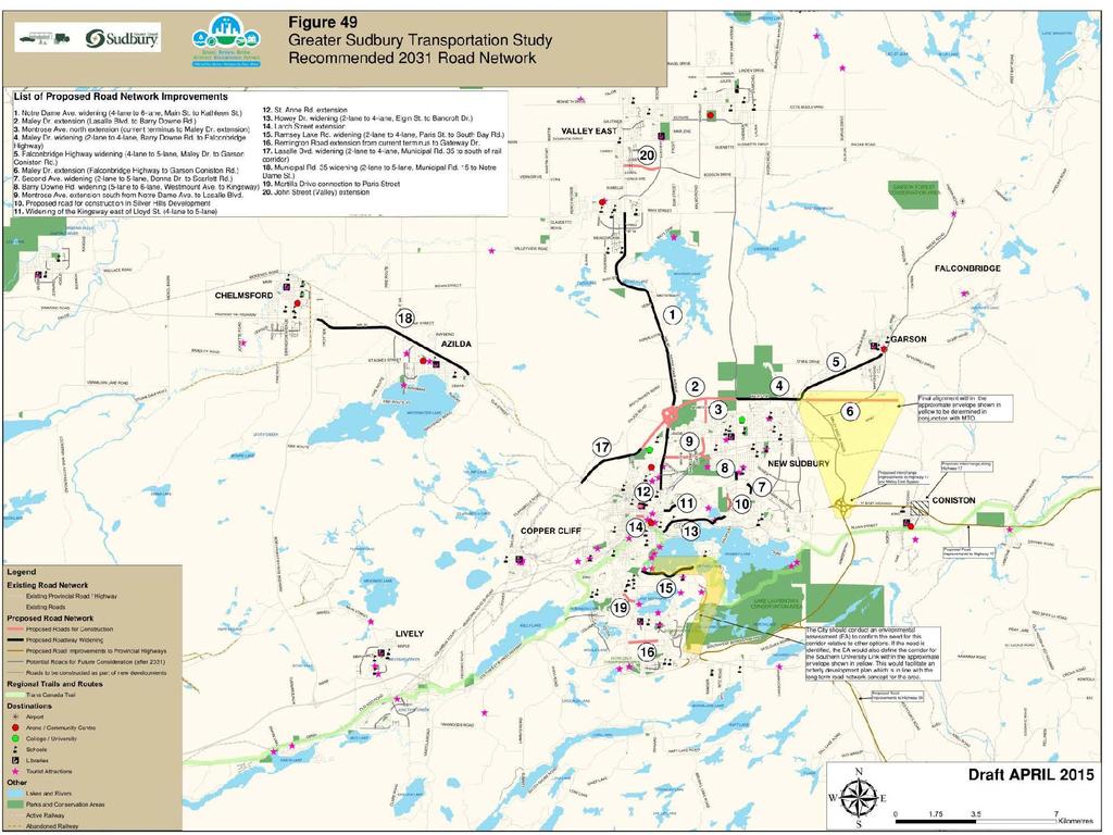Figure 49 Greater Sudbury Transportation Study Recommended 2031 Road Network * * HiQh'Na) Vlidenilg (4-lane to S-lanA. Mille)' Or_ to G~rsor 12. St Ann& Ad extension 13. Hawey Dr.