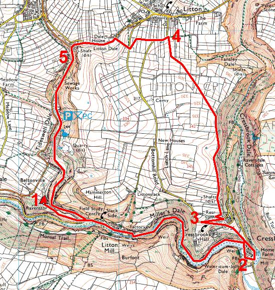 0 MEDIUM WALK Ravenstor Cressbrook Tideswell Dale Ravenstor Duration: 3 3.5 hours Distance: 10km, approximately This walk follows part of the River Wye, taking in both Litton and Cressbrook Mills.