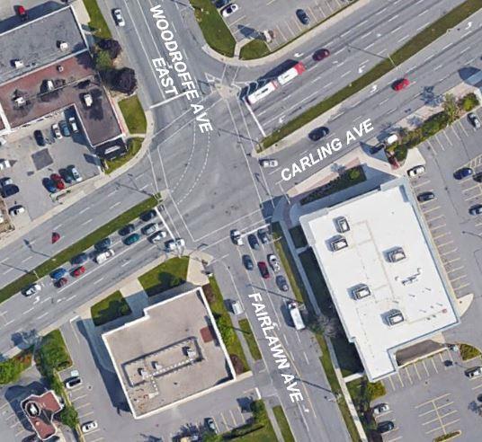 Avenue/Woodroffe Avenue East/ Fairlawn Avenue Signalized four-legged intersection Northbound: one left turn lane, one through lane, and one shared through/right turn lane