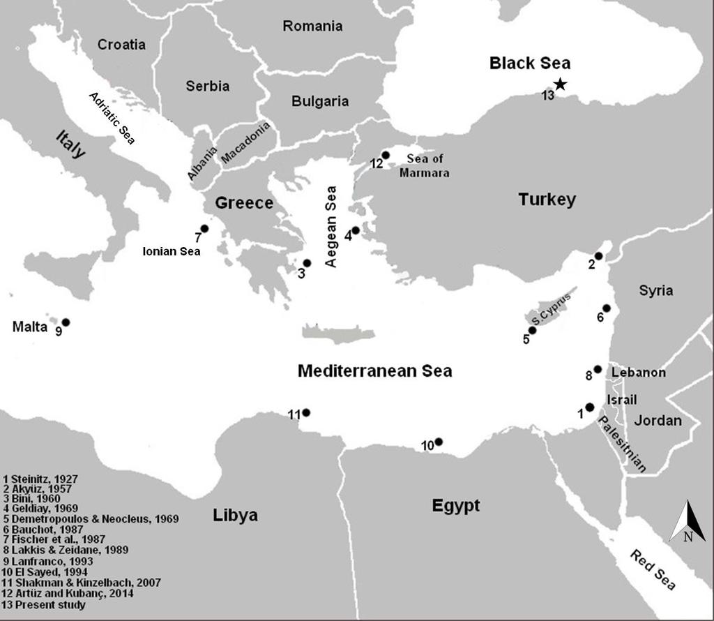 Natural and Engineering Sciences 151 Figure 1. Sampling location (13) of Alepes djedaba from Sinop Bay, and the previous reported locations (1-12) in the Mediterranean.