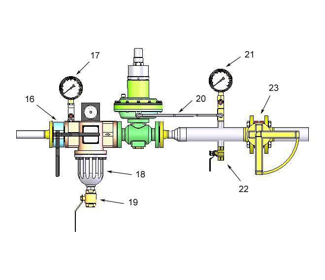 STARTUP PROCEDURE Open the bleed valve (22) to provide a slight flow of gas. Slightly and slowly, open the inlet valve (16), located immediately upstream of the regulator.