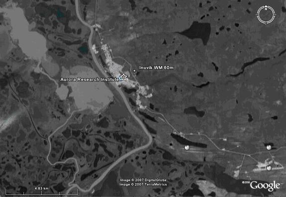 Wind monitoring station Airport Inuvik Figure 2: Satellite image of the area around Inuvik. Note that North is up.