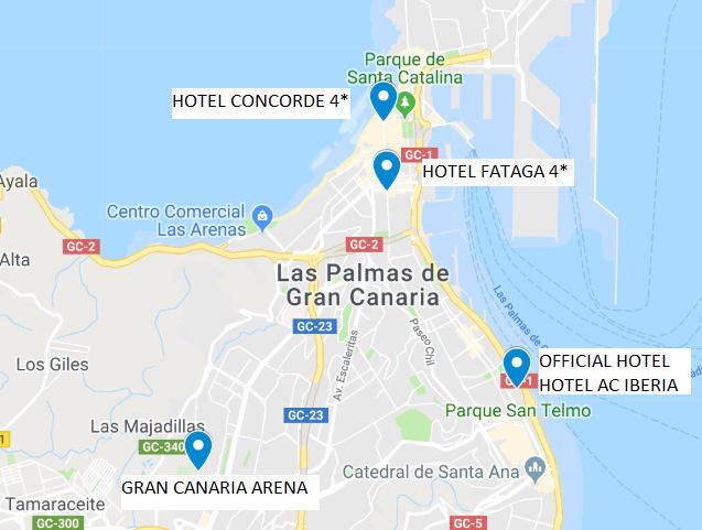 2.- Category 4*: HOTEL FATAGA Address: Calle Néstor de la Torre, 21, 35006 Las Palmas de Gran Canaria Distance to Gran Canaria Arena: 15 minute drive (5,5 km ) Prices per person Tournament package 3