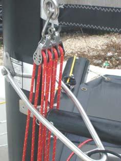 front - take the rope back down, thread it through the left sheave at the base of the mast from front to back - take it up