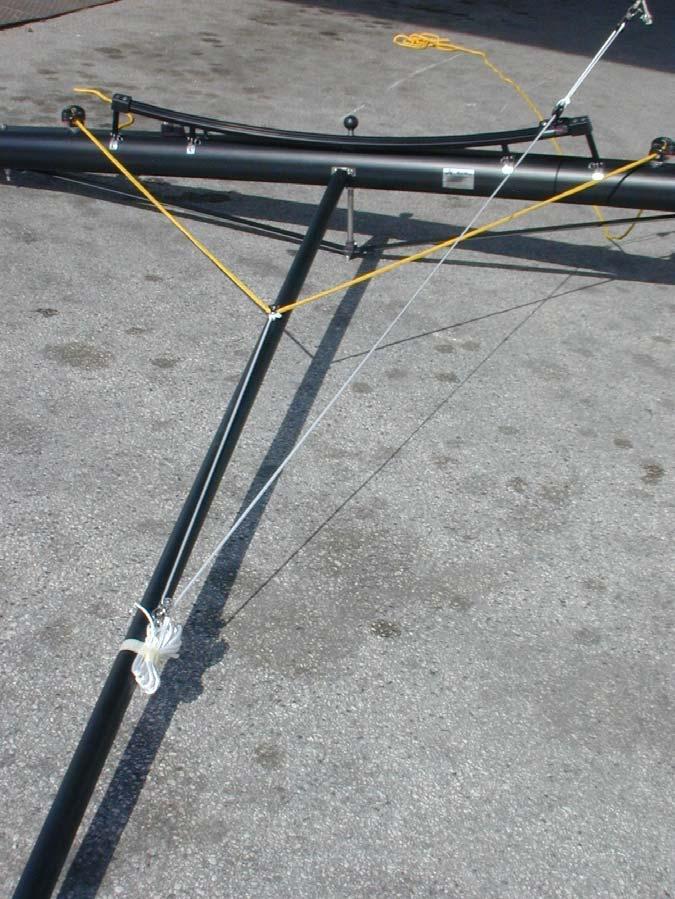 Jib sheet (self tacking system) 6 Now take the yellow thicker sheet rope and starting from one swivel cam cleat on the front crossbar pass the rope under the thinner white