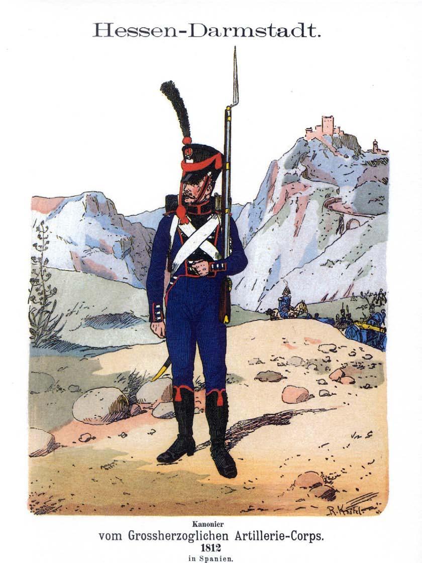 Hessen-Darmstadt Foot Artillery The coat was dark blue with the collar, cuffs and facings black piped red. The cuffflaps and the epaulettes were dark blue piped red. Red turnbacks.