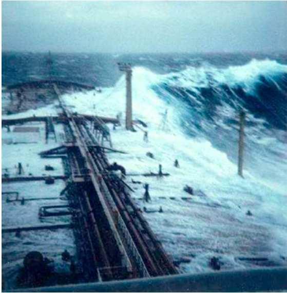 Figure 8: Rogue wave breaking over a supertanker in a storm off Durban, S.A. in 1980. The mast seen starboard stands 25 m above the mean sea level. The mean wave height at the time was 5-10 m.