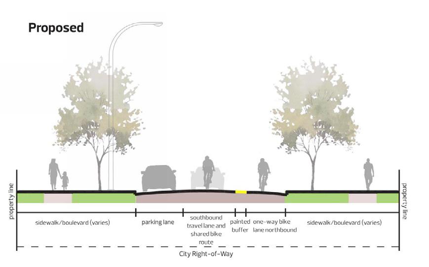 crosswalks and curb extensions at key locations to help slow traffic and improve pedestrian visibility 96 Street becomes part of the Downtown Bike Network providing connections through the