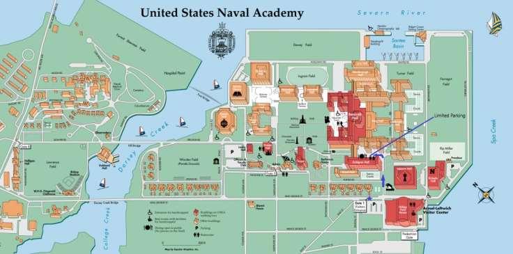 Enter the U.S. Naval Academy at Gate 1 (blue star on map) and follow the blue arrows to Dahlgren Hall for the tournament. Entry onto the grounds requires a valid DoD I.D. to drive a vehicle in or a U.
