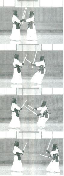 83 Hiki Waza from Tsubazeriai Use Shōtō softly with Nayashi motion to open up Kote, Men or Dō, immediately strike with full