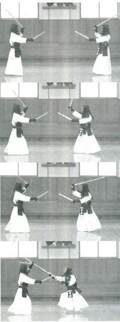 As the method to break into this MaAi, Jōdan Jūji no Kamae with Shōtō on top of Daitō is effective.