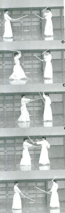 Nitō Kendo Kata #9: Kyuhon Me 1 2 3 Uchidachi in Ittō Chūdan, Shidachi in Shō Nitō Jōgetachi (right foot front) as in [1], both from right foot mutually start, Uchidachi steps his left foot forward