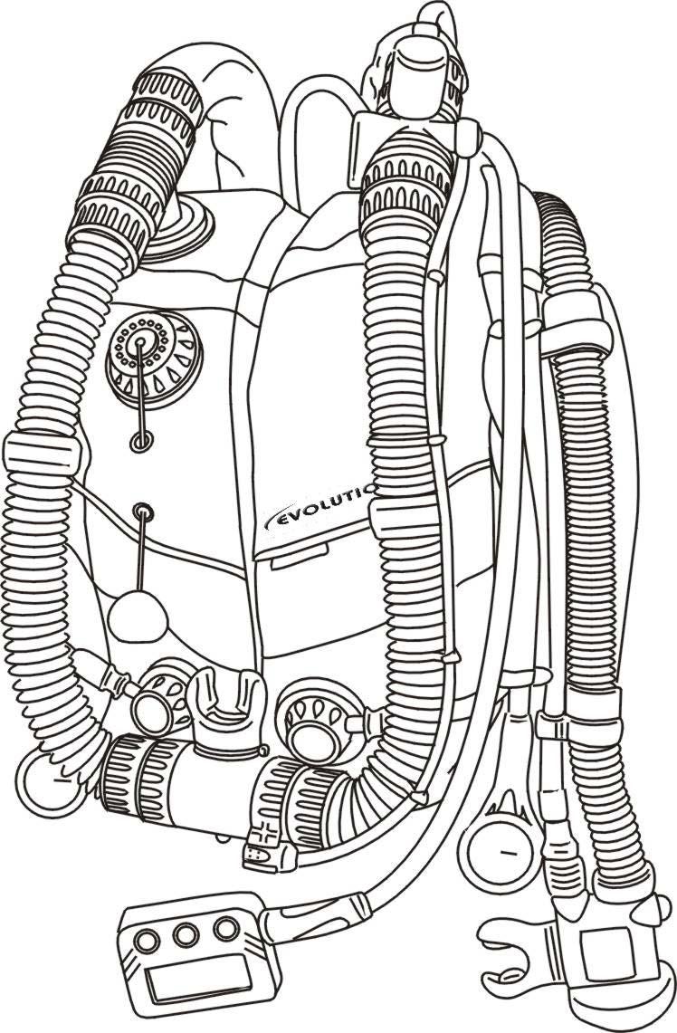 EVOLUTION LAYOUT: Exhale T piece with integral water-trap Buzzer Automatic Diluent Addition Valve Dump/over pressure relief valve Inhale counterlung Exhale counterlung Wing Buoyancy Compensator Pull