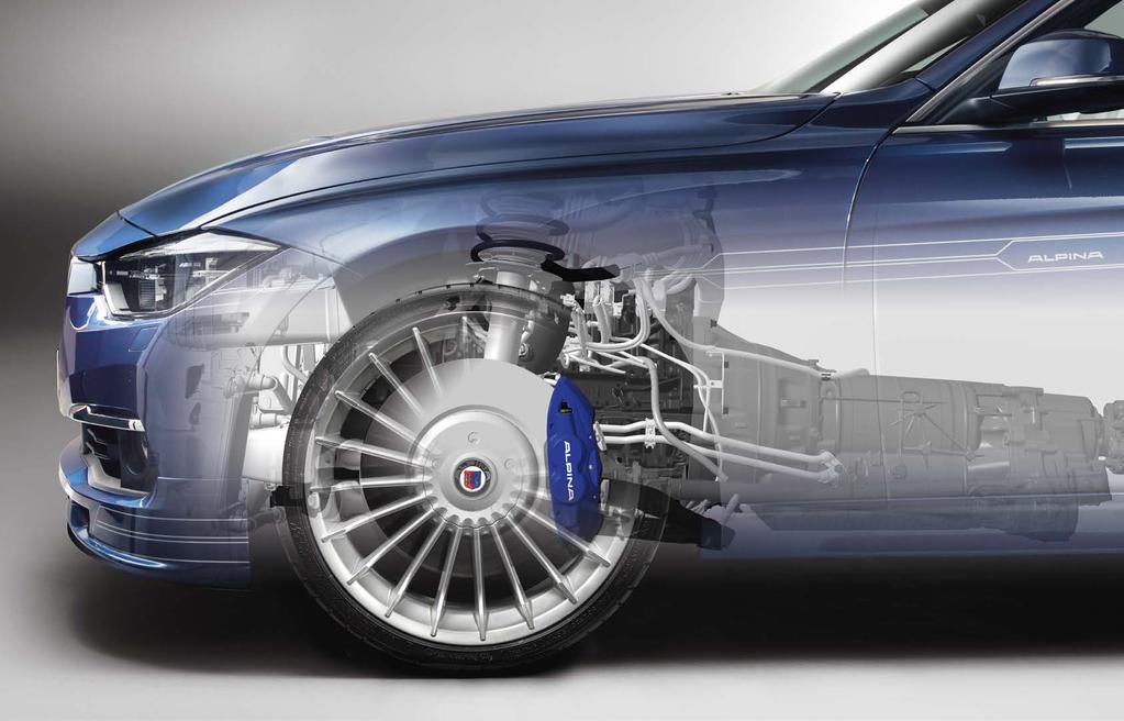 Adaptive ALPINA sport suspension High performance brake system, ventilated 370 mm (front) and 345 mm (rear) brake discs Fixed aluminium calipers with 4 pistons (front) and 2 pistons (rear) and