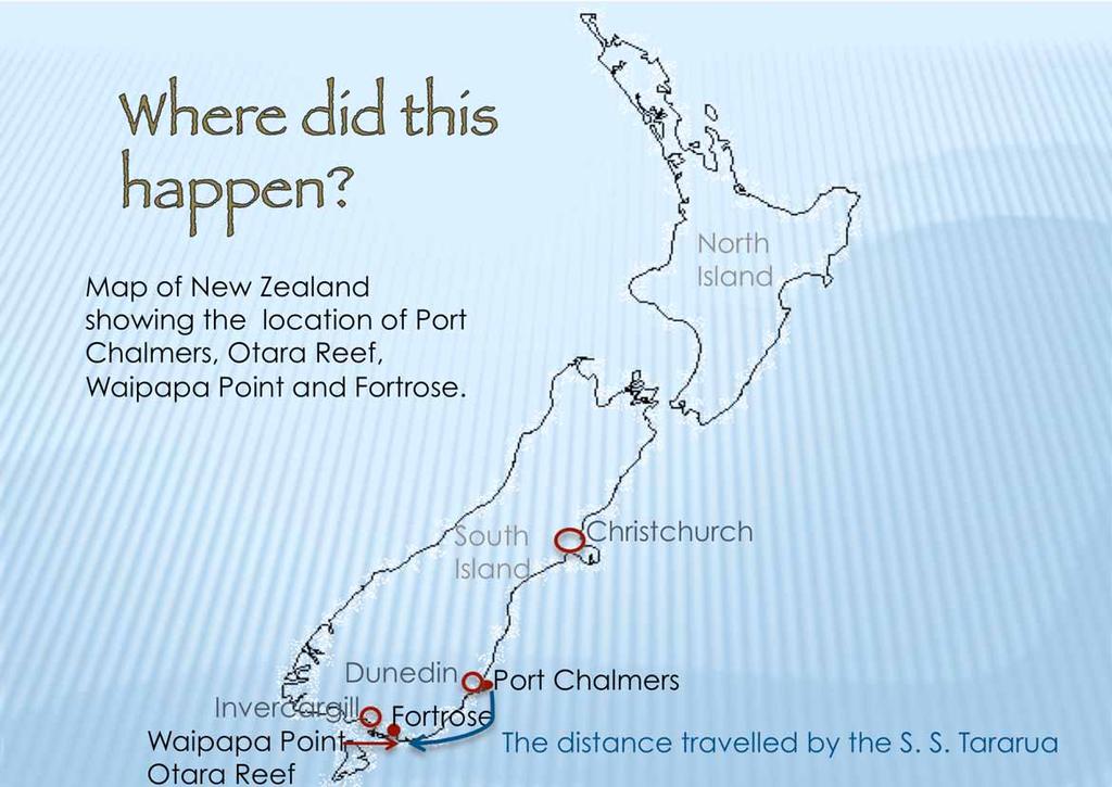 Map of New Zealand showing the location of Port Chalmers, Otara Reef, Waipapa Point and Fortrose.