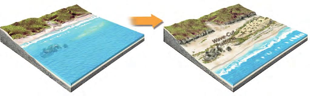 If sea level drops in a series of stages, emergent wave-cut notches form topographic steps on the land, and wave-cut platforms form a series of relatively flat benches, known as marine terraces. 15.