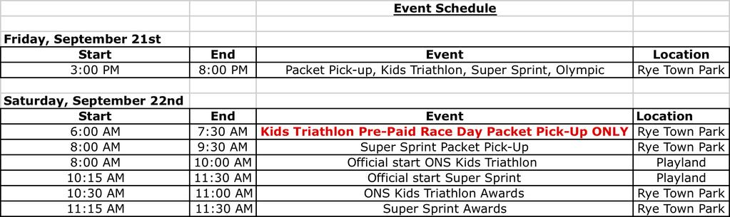 ONS Westchester Kids and Super Sprint Triathlon We look forward to seeing everyone on Saturday. Here are some important details and times to know!