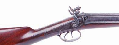 lot 604 lot 606 lot 607 Lot 604 S58 14 bore percussion double sporting gun by T & W Harrison, 29½ ins brown damascus barrels, broad game rib with platinum line inlay (ramrod missing), acanthus scroll