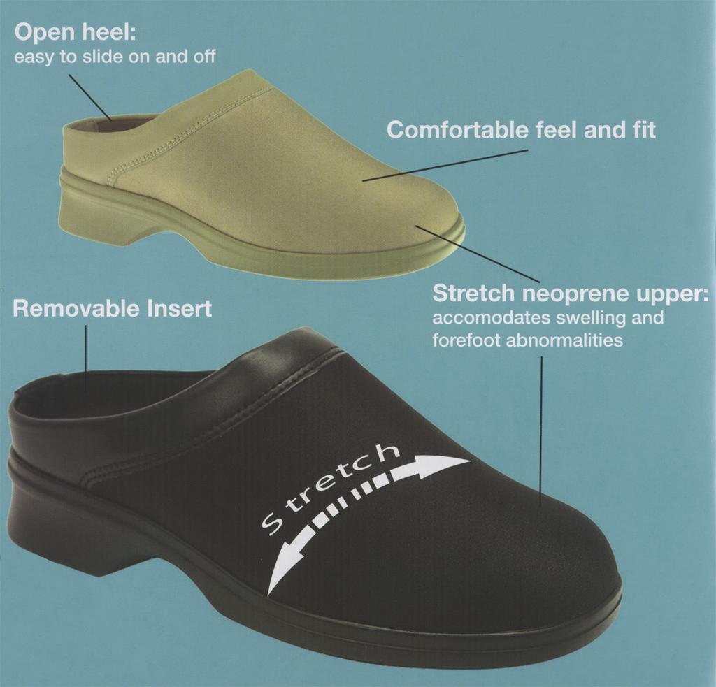 PEDORS CLOG This stylish clog offers a stretchable forefoot to accommodate the most demanding foot.