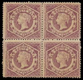 Prestige Philately - Auction No 168 Page: 11 NEW SOUTH WALES (continued) Lot 78 78 */** A C1 1860-72 Perforated Diadems Perf 13 6d purple SG 165 block of 4, virtually full o.g. with the lower units being possibly unmounted, Cat 340++.
