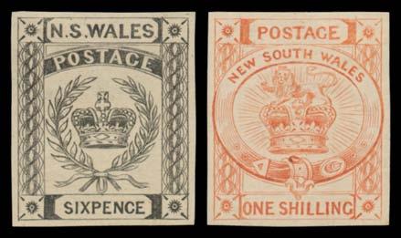 Prestige Philately - Auction No 168 Page: 2 NEW SOUTH WALES - 1850-51 Sydney Views (continued) 37 E A Ex Lot 37 ESSAYS: 6d Crown & Wreath and 1/-