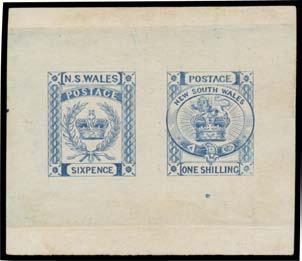 [Sir Gawaine Baillie's similar-size pair in blue sold for $920] 500 39 E A Lot 39 ESSAYS: 6d Crown & Wreath and 1/- Lion & Crown in dull blue