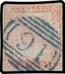 300 204 A A1+ Lot 204 '91' of Tabulam superb strike in blue on Plate II Laid Paper 1d vermilion with No Clouds SG 14c (margins