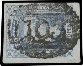 strike on Plate IV 2d Prussian blue SG 32 (three large margins & a little cut-into at upper-left, creased at