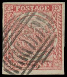 2,500T 46 G A Lot 46 ONE PENNY: Plate II (Clouds) on Hard Bluish Paper 1d crimson-lake SG 9 with clear Double Impression