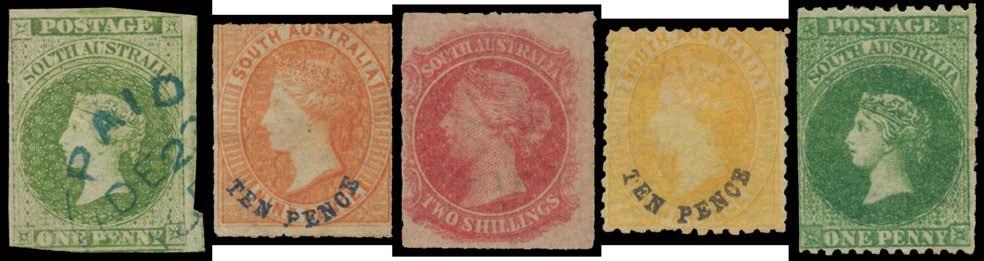 Prestige Philately - Auction No 168 Page: 41 SOUTH AUSTRALIA Ex Lot 259 259 *WO Perkins Bacon issues on Hagners with Adelaide Printings 1d, 2d x7, 6d & 1/-, good range of Roulettes
