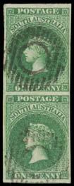 Prestige Philately - Auction No 168 Page: 42 SOUTH AUSTRALIA (continued) 264 G/F A+ Lot 264 1855 London Printings 1d dark green SG 1 vertical pair, margins