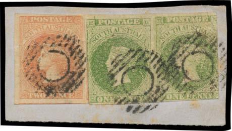 Prestige Philately - Auction No 168 Page: 44 SOUTH AUSTRALIA (continued) 272 G B/A Lot 272 1856-58 Adelaide Printings 1d yellow-green SG 6 horizontal pair (shaved at left & right) & 2d