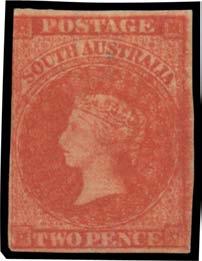 1,500 273 W A- Lot 273 1856-58 Adelaide Printings 2d blood-red SG 8, margins just clear to good except at upper-left where just shaved, deep rich colour, unused, Cat 1800. Rare.