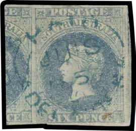 [The only other block of 4 - Ex Fryar - has not been on the market since 1955] [The illustration is above Lot 275] 1,250T Lot 275 275 F A 1856-58 Adelaide Printings 6d slate-blue SG 10, a