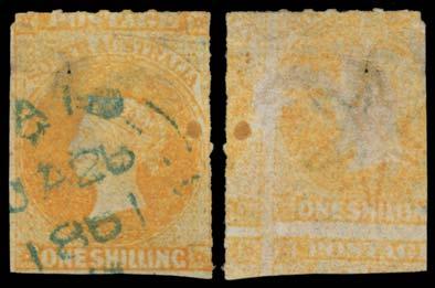 "Colombo" & affected by immersion in seawater), 1/- brown (4) & 2/-, 1868-71 Rouletted Remainders Perforated 9d SG 49, generally fine to very