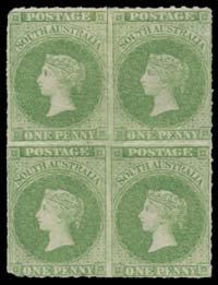 Prestige Philately - Auction No 168 Page: 46 SOUTH AUSTRALIA (continued) Lot 280 280 * A/B 1860-69 Second Roulettes 1d pale sage-green SG 22 block of 4,