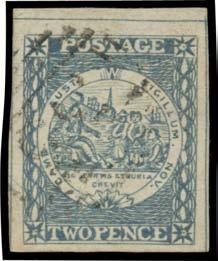 'SYDNEY/[crown]/JA*1/1850/NEW SOUTH WALES' backstamp being the First Day of Issue!, Cat 450+. A remarkable and rare usage on the first day of issue of Australian stamps.