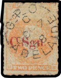 Superior to Frederick Hall's example that sold for $264. 300 370 F B Lot 370 CHIEF SECRETARY: Red 'C.S.' on Rouletted 2d vermilion, minor corner bend, GPO cds.