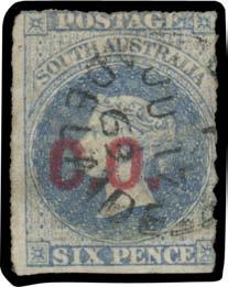 [Acquired for $460 at our auction of 19/3/2005] 400 373 F B Lot 373 COMMISSARIAT OFFICE: Red 'C.O.' on 6d dull blue, a little soiled, GPO cds of JU17/69.
