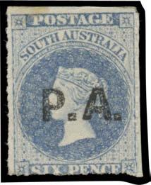 CRETARY TO THE GOVERNOR: Black 'P.S.' on Rouletted 6d dull blue, minor toning, untidy numeral cancel.