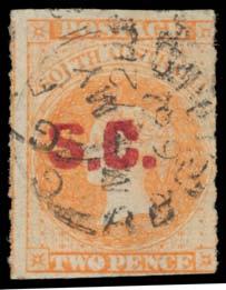 [ Frederick Hall's example sold for $184] 150 425 O A Lot 425 SUPREME COURT: Red 'S.C.' on Rouletted 2d. Rated RRR.