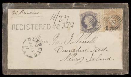 Prestige Philately - Auction No 168 Page: 67 SOUTH AUSTRALIA - Postal History (continued) 441 C B Lot 441 1877 homemade mourning cover to Ireland "Via Brindisi" with Perf 11½-12½ 4d & '8 PENCE'