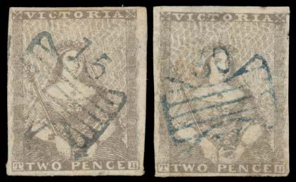 300 560 F/G B Lot 560 THOMAS HAM PRINTINGS 2d grey-lilac & 2d dull grey SG 6 & 6a, margins good to large, a couple of minor faults, Butterfly '15' cancel