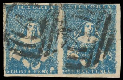400 572 G C Lot 572 CAMPBELL & FERGUSSON PRINTINGS: 3d Prussian blue horizontal pair [16-17], the second unit with the Major Retouch below 'C'