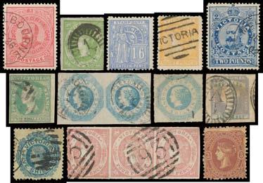 Prestige Philately - Auction No 168 Page: 79 VICTORIA Ex Lot 579 579 *OW Very attractive collection on oversized leaves with Queen-on-Throne 2d (11, including 2 pairs), Imperf 1/- Octagonal (5,