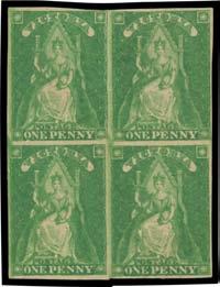 (5) 350 Lot 588 588 * A/A- 1856-58 Perkins Bacon Queen-on-Throne Imperf 1d yellow-green SG 40 block of 4, margins just clear to good, deep rich