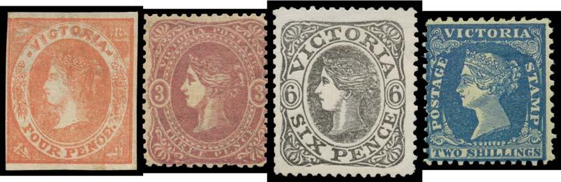 Prestige Philately - Auction No 168 Page: 82 VICTORIA (continued) Ex Lot 591 591 *W A 1857-61 Classics comprising Emblems Star 1d & 4d, Rouletted Laid Paper 2d, Perf 12 4d with Cracked Electro at