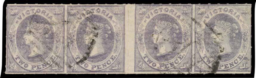 Prestige Philately - Auction No 168 Page: 83 VICTORIA (continued) 595 O A- Lot 595 1857-63 Emblems 2d dull violet SG 70a interpanneau strip of 4 with central gutter, rouletted on all sides, weak