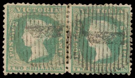 Prestige Philately - Auction No 168 Page: 84 VICTORIA (continued) Ex Lot 599 599 O 1859 Perf 12 by Robinson 2/- dull bluish-green/pale yellow SG 82 plated examples on Charles Lathrop Pack's