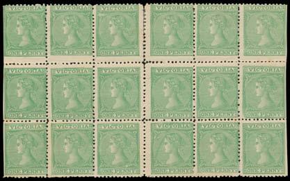 (127) 300 Lot 604 604 */** A 1863-81 Laureates 1863 Watermark Single-Lined Numerals 1d pale green Perf 12 SG 108 block of 18 (6x3) being positions [A13-15